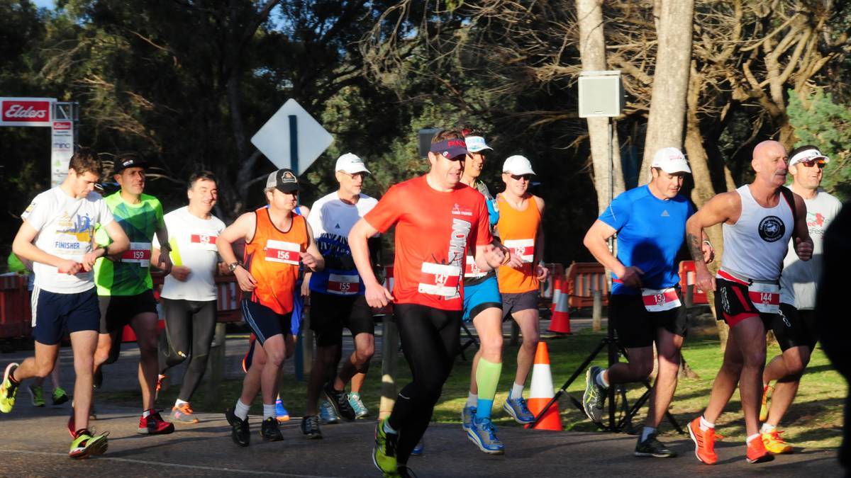 MARATHON MAN: Orange's Stephen Blackwood (fourth from the left) takes off in the Dubbo Stampede's marathon last Sunday.    Photo: DAILY LIBERAL