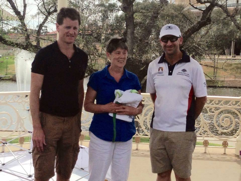 CHAMPION: Judy Tarleton (centre) at the presentation after winning her age category at the Australian Duathlon Championship in Adelaide last Sunday.